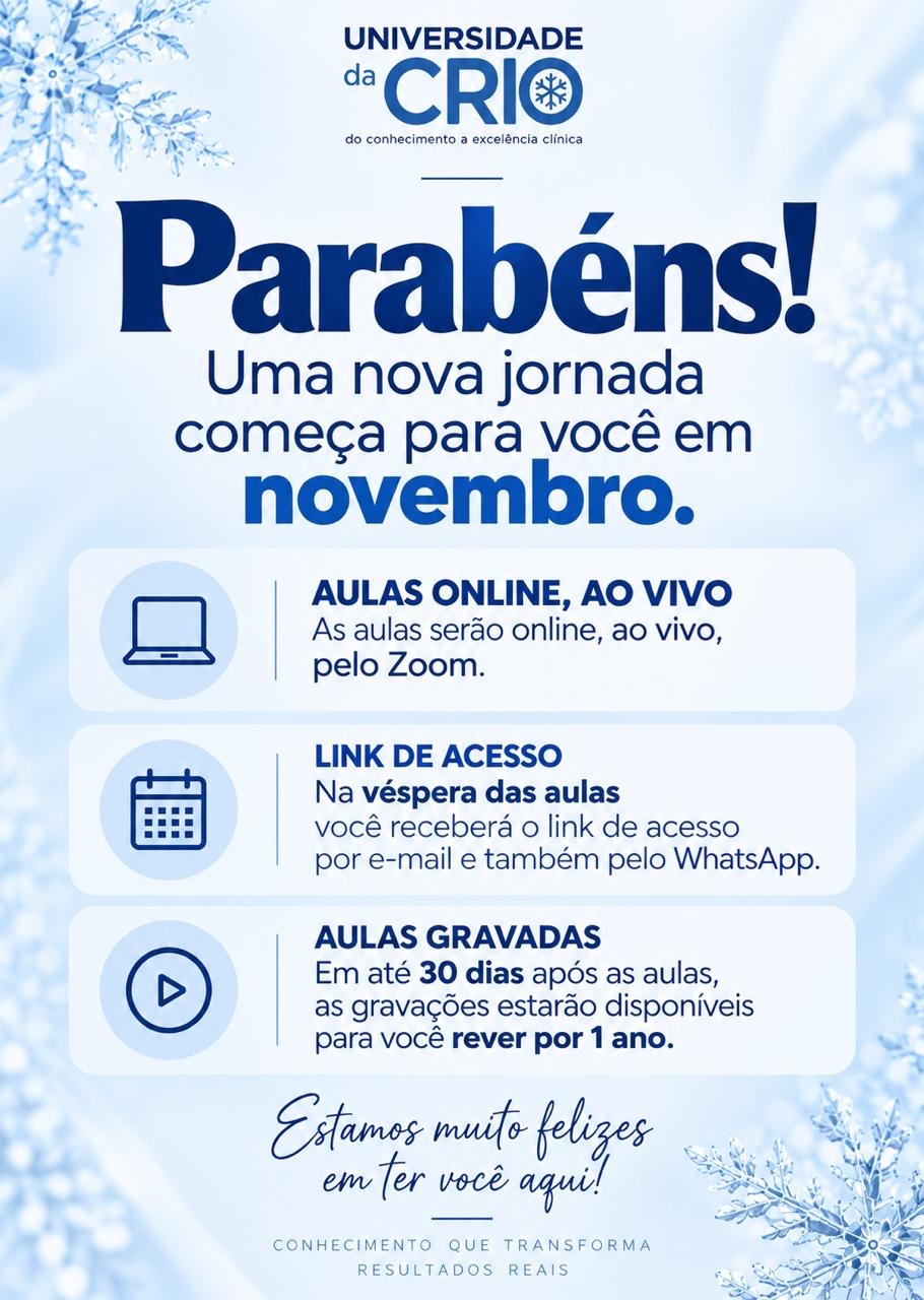 Parabéns! Uma nova jornada começa para você em novembro. Aulas online e ao vivo, link de acesso na véspera e aulas gravadas disponíveis por 1 ano.